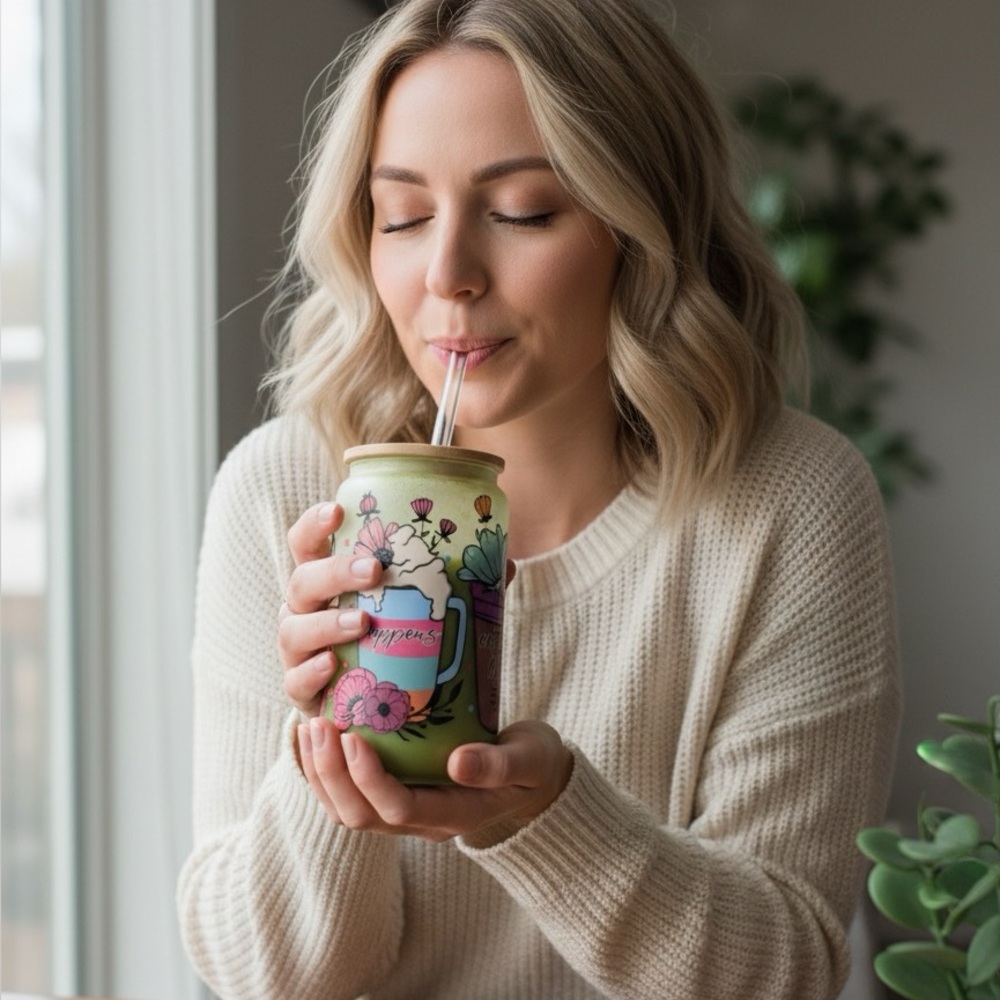 Floral Frosted Glass Tumbler with Straw - Life Happens Coffee Helps